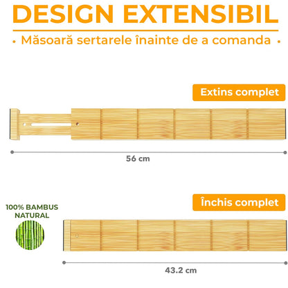 Set 4 Separatoare Extensibile Pentru Sertar, Organizator Bucatarie din Bambus, Cu Insertii si Etichete Autocolante, Lungime Extensibila si Ajustabila de la 43 cm la 56 cm