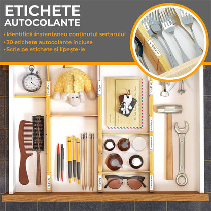 Set 4 Separatoare Extensibile Pentru Sertar, Organizator Bucatarie din Bambus, Cu Insertii si Etichete Autocolante, Lungime Extensibila si Ajustabila de la 43 cm la 56 cm