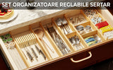 Set 4 Separatoare Extensibile Pentru Sertar, Organizator Bucatarie din Bambus, Cu Insertii si Etichete Autocolante, Lungime Extensibila si Ajustabila de la 43 cm la 56 cm