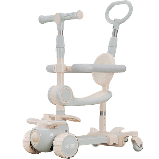 Trotinetă Copii cu Sezut, Transformabilă 6 în 1, Roți Luminoase LED, 1-12 Ani, Gri/Roz