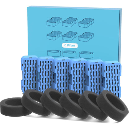 Set 6 Filtre De Rezerva + 6 Filtre de Burete Pentru Dispenser De Apa Elindor, Tip Adapator Fantana Pentru Pisici Si Caini, Purificare, Carbon Activ, Elimina Eficient Impuritatile Si Firele De Par