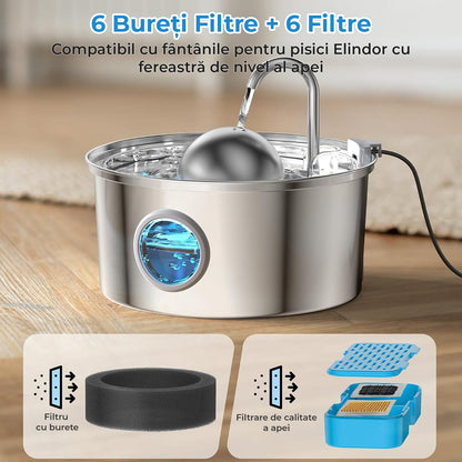 Set 6 Filtre De Rezerva + 6 Filtre de Burete Pentru Dispenser De Apa Elindor, Tip Adapator Fantana Pentru Pisici Si Caini, Purificare, Carbon Activ, Elimina Eficient Impuritatile Si Firele De Par