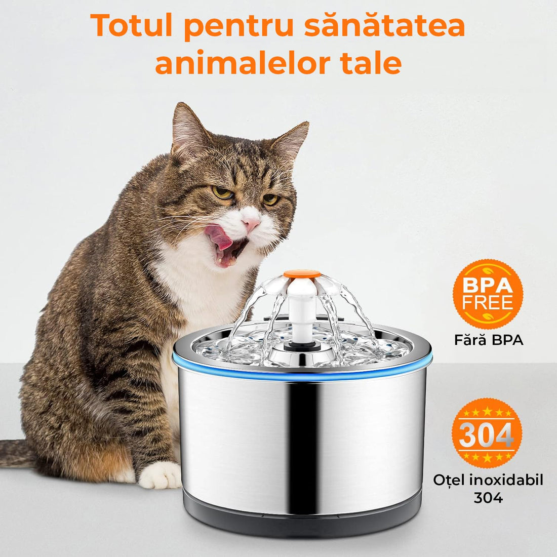 Dispenser Apă Automat Tip Fântână pentru Pisici și Câini, 2.5 L, Oțel Inoxidabil 304, Ultra-Silențios