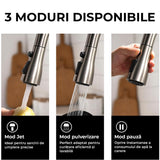 Baterie Chiuvetă Bucătărie cu Duș Extractibil, 3 Moduri de Pulverizare, Monocomandă, Oțel Inoxidabil, Design Modern, 360°
