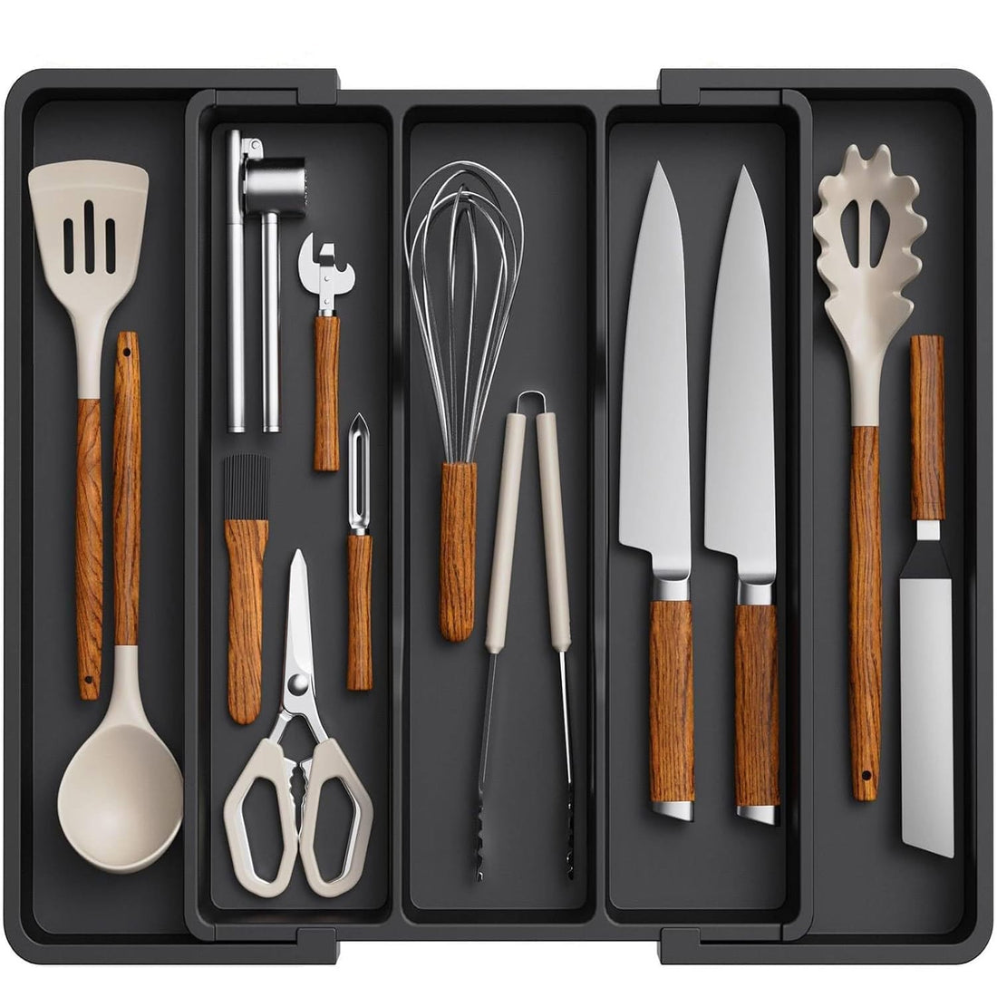 Organizator Extensibil Multifuncțional pentru Sertar, Suport Ajustabil pentru Ustensile de Gătit, Separator pentru Spatule, Negru, Fără BPA