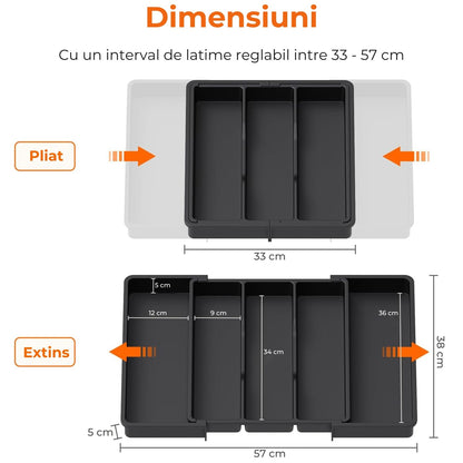 Organizator Extensibil Multifuncțional pentru Sertar, Suport Ajustabil pentru Ustensile de Gătit, Separator pentru Spatule, Negru, Fără BPA
