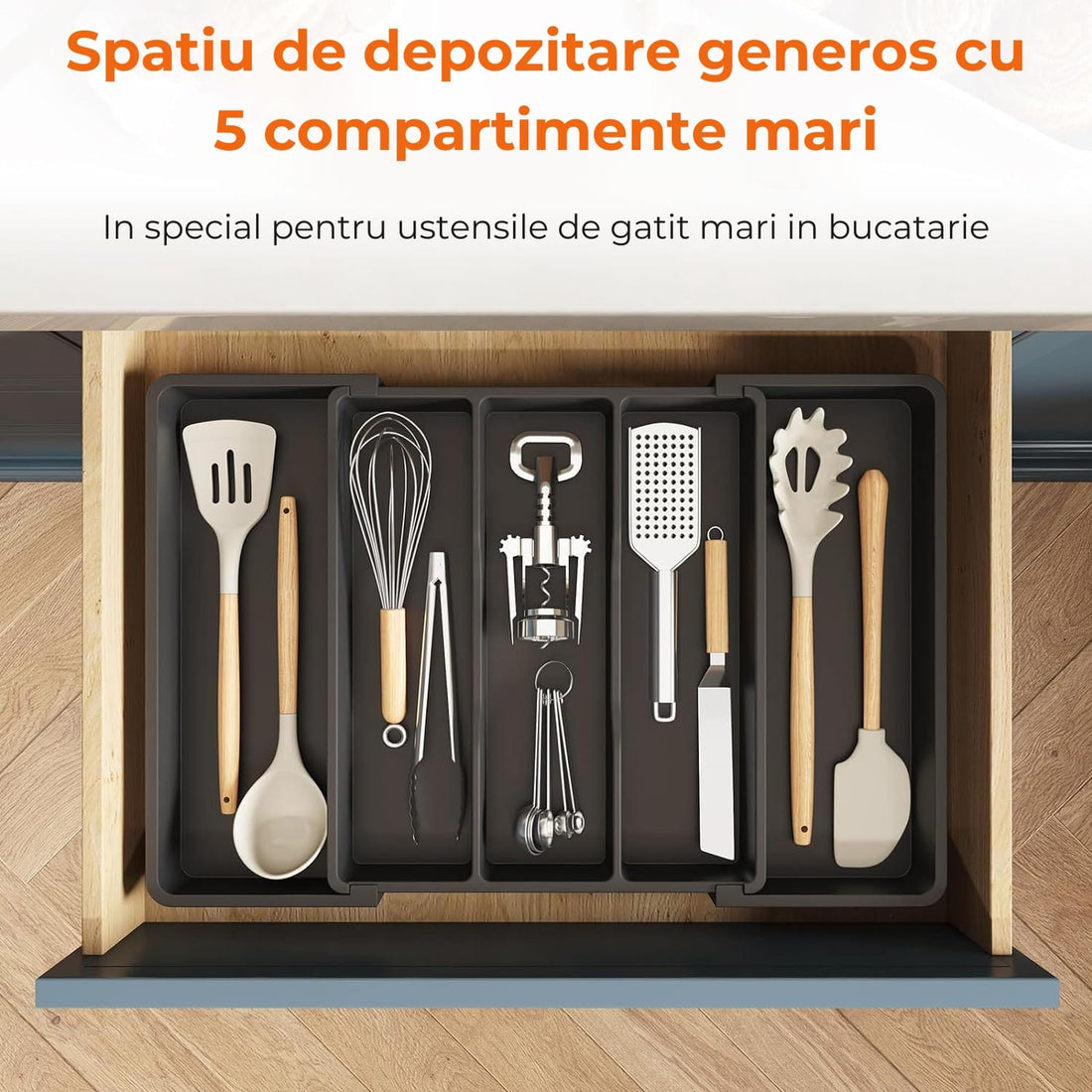 Organizator Extensibil Multifuncțional pentru Sertar, Suport Ajustabil pentru Ustensile de Gătit, Separator pentru Spatule, Negru, Fără BPA