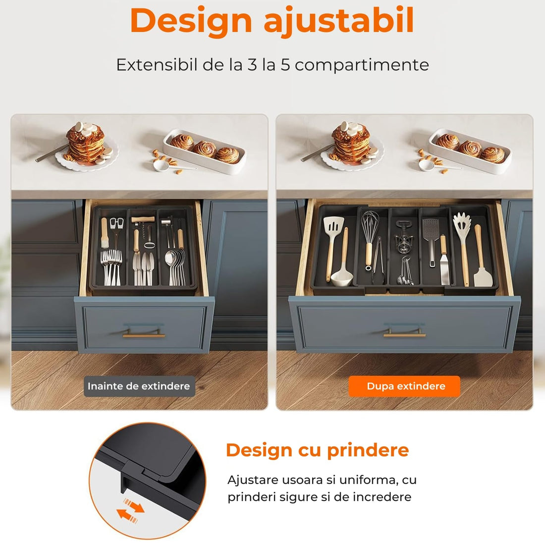 Organizator Extensibil Multifuncțional pentru Sertar, Suport Ajustabil pentru Ustensile de Gătit, Separator pentru Spatule, Negru, Fără BPA