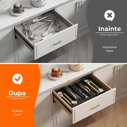 Organizator Extensibil Multifuncțional pentru Sertar, Suport Ajustabil pentru Ustensile de Gătit, Separator pentru Spatule, Negru, Fără BPA