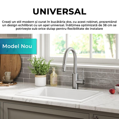 Baterie Chiuvetă Bucătărie cu Duș Extractibil, 2 Moduri de Pulverizare, Monocomandă, Oțel Inoxidabil, Design Modern, Argintie