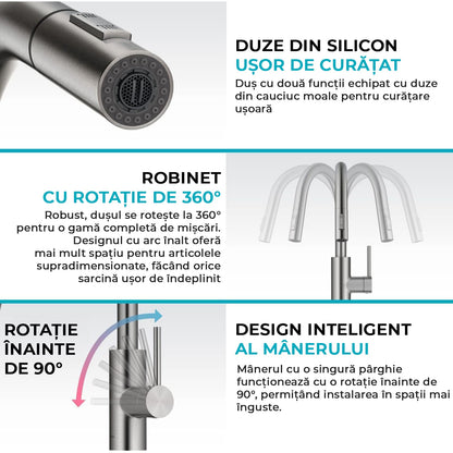 Baterie Chiuvetă Bucătărie cu Duș Extractibil, 2 Moduri de Pulverizare, Monocomandă, Oțel Inoxidabil, Design Modern, Argintie