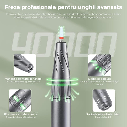 Freza Electrică Avansată Elindor pentru Unghii, 40000 RPM, 7 Capete Incluse, Ecran LCD, Gri
