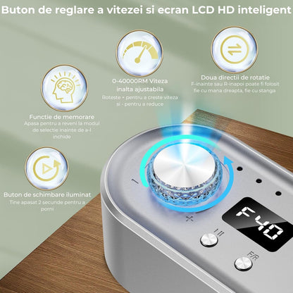 Freza Electrică Avansată Elindor pentru Unghii, 40000 RPM, 7 Capete Incluse, Ecran LCD, Gri