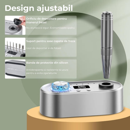 Freza Electrică Avansată Elindor pentru Unghii, 40000 RPM, 7 Capete Incluse, Ecran LCD, Gri