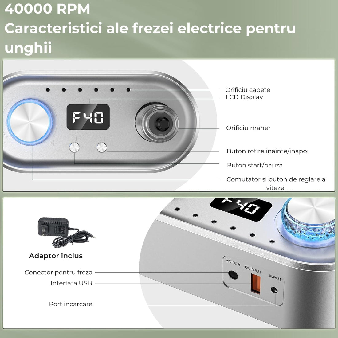 Freza Electrică Avansată Elindor pentru Unghii, 40000 RPM, 7 Capete Incluse, Ecran LCD, Gri