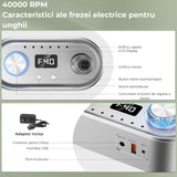 Freza Electrică Avansată Elindor pentru Unghii, 40000 RPM, 7 Capete Incluse, Ecran LCD, Gri