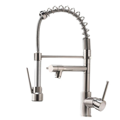 Robinet Elindor pentru chiuveta de bucatarie, modern, din otel inoxidabil cu manere simple, dus extractabil, finisaj nichel periat