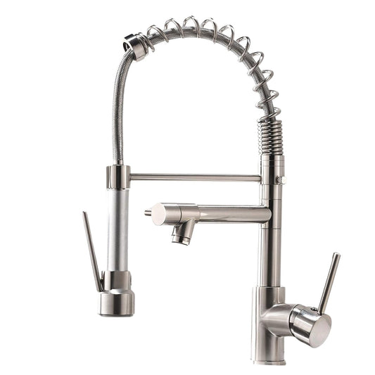 Robinet Elindor pentru chiuveta de bucatarie, modern, din otel inoxidabil cu manere simple, dus extractabil, finisaj nichel periat