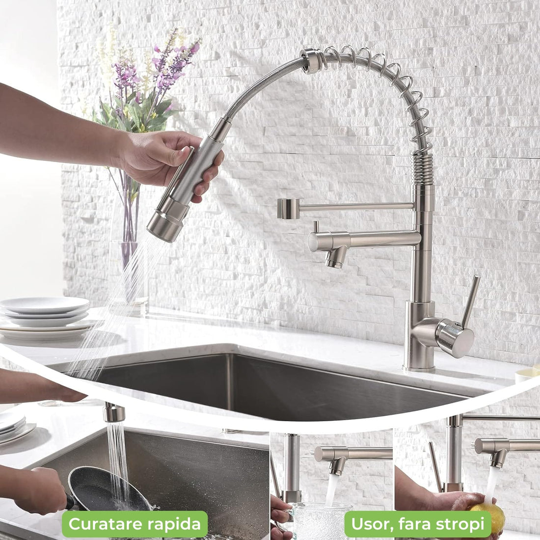 Robinet Elindor pentru chiuveta de bucatarie, modern, din otel inoxidabil cu manere simple, dus extractabil, finisaj nichel periat