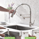 Robinet Elindor pentru chiuveta de bucatarie, modern, din otel inoxidabil cu manere simple, dus extractabil, finisaj nichel periat