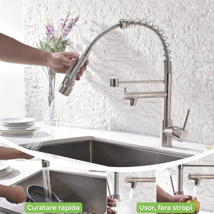 Robinet Elindor pentru chiuveta de bucatarie, modern, din otel inoxidabil cu manere simple, dus extractabil, finisaj nichel periat