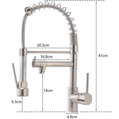 Robinet Elindor pentru chiuveta de bucatarie, modern, din otel inoxidabil cu manere simple, dus extractabil, finisaj nichel periat