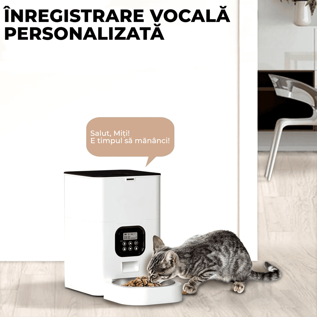 Hranitor automat pentru câini și pisici, 4L, control porții și intervale, alb