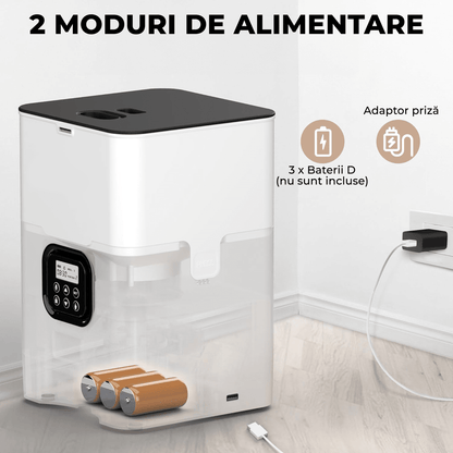 Hranitor automat pentru câini și pisici, 4L, control porții și intervale, alb