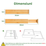 Set 6 Separatoare Extensibile Pentru Sertar, Organizator Bucatarie din Bambus, Lungime Extensibila si Ajustabila de la 38 cm la 46 cm, pentru Bucatarie, Birou, Dormitor, Baie, Structura Reglabila, Organizare lazi, Lemn