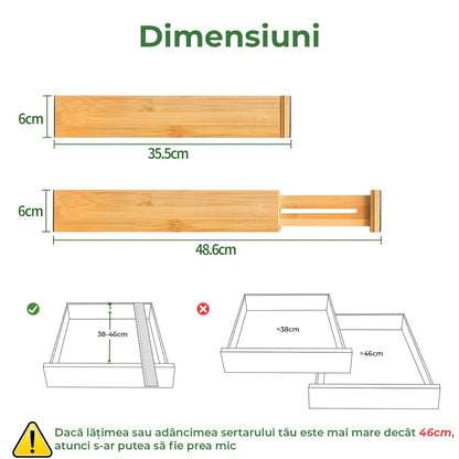 Set 6 Separatoare Extensibile Pentru Sertar, Organizator Bucatarie din Bambus, Lungime Extensibila si Ajustabila de la 38 cm la 46 cm, pentru Bucatarie, Birou, Dormitor, Baie, Structura Reglabila, Organizare lazi, Lemn
