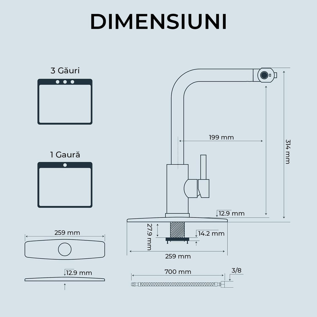Baterie de Bucătărie Premium cu Duș Extractibil, 3 în 1, 360 Grade, Oțel Inoxidabil Fără Plumb, Montare Rapidă, Argintie