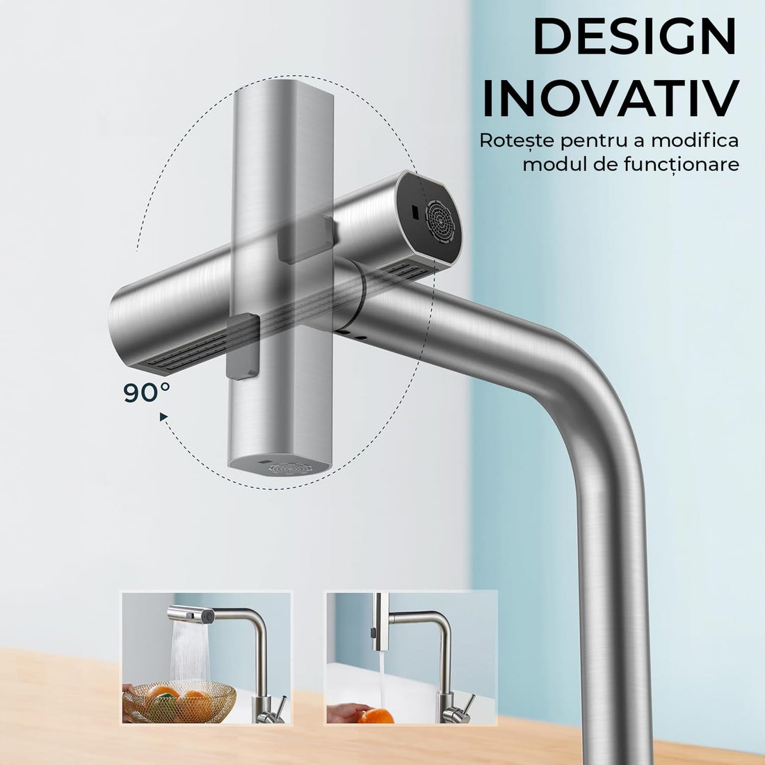 Baterie de Bucătărie Premium cu Duș Extractibil, 3 în 1, 360 Grade, Oțel Inoxidabil Fără Plumb, Montare Rapidă, Argintie