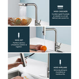 Baterie de Bucătărie Premium cu Duș Extractibil, 3 în 1, 360 Grade, Oțel Inoxidabil Fără Plumb, Montare Rapidă, Argintie