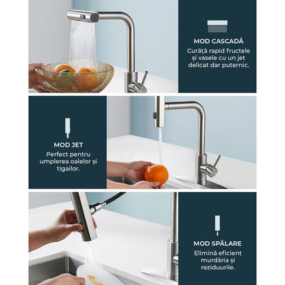 Baterie de Bucătărie Premium cu Duș Extractibil, 3 în 1, 360 Grade, Oțel Inoxidabil Fără Plumb, Montare Rapidă, Argintie