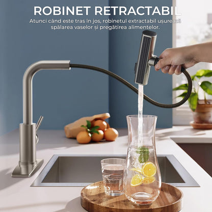 Baterie de Bucătărie Premium cu Duș Extractibil, 3 în 1, 360 Grade, Oțel Inoxidabil Fără Plumb, Montare Rapidă, Argintie