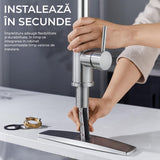 Baterie de Bucătărie Premium cu Duș Extractibil, 3 în 1, 360 Grade, Oțel Inoxidabil Fără Plumb, Montare Rapidă, Argintie