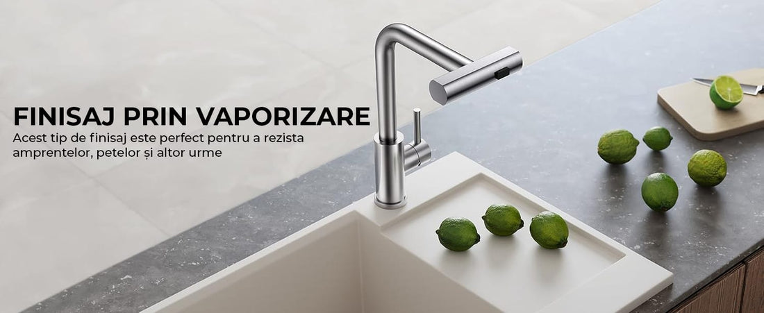 Baterie de Bucătărie Premium cu Duș Extractibil, 3 în 1, 360 Grade, Oțel Inoxidabil Fără Plumb, Montare Rapidă, Argintie