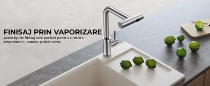 Baterie de Bucătărie Premium cu Duș Extractibil, 3 în 1, 360 Grade, Oțel Inoxidabil Fără Plumb, Montare Rapidă, Argintie