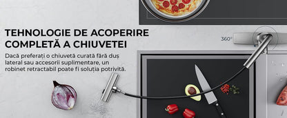 Baterie de Bucătărie Premium cu Duș Extractibil, 3 în 1, 360 Grade, Oțel Inoxidabil Fără Plumb, Montare Rapidă, Argintie