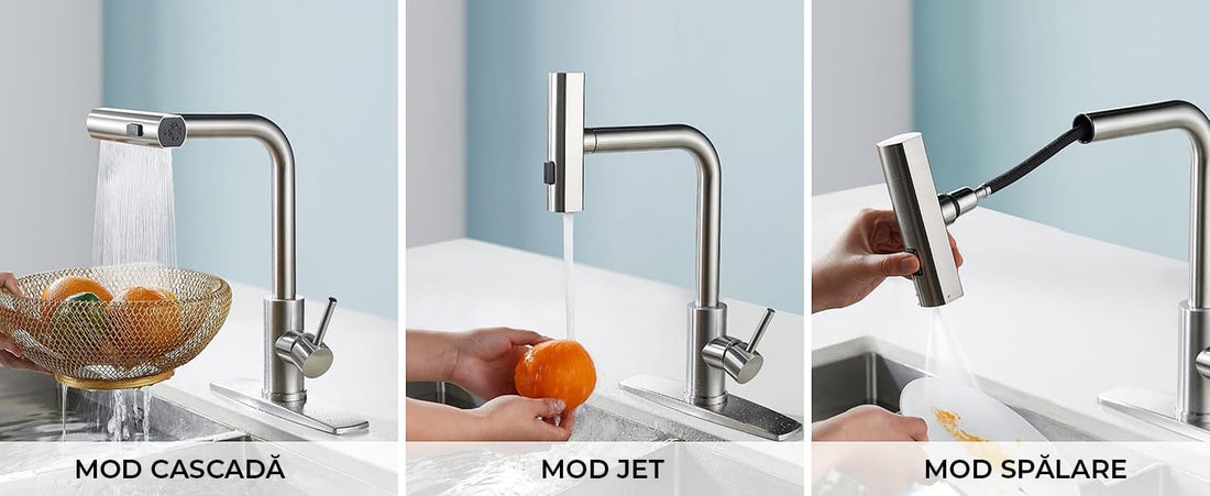 Baterie de Bucătărie Premium cu Duș Extractibil, 3 în 1, 360 Grade, Oțel Inoxidabil Fără Plumb, Montare Rapidă, Argintie