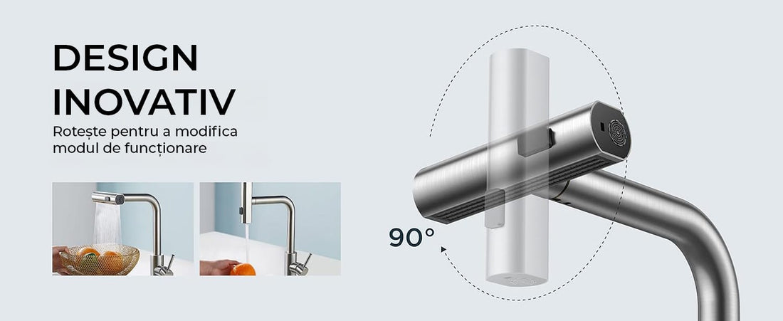 Baterie de Bucătărie Premium cu Duș Extractibil, 3 în 1, 360 Grade, Oțel Inoxidabil Fără Plumb, Montare Rapidă, Argintie