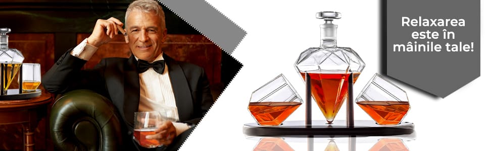 Set Decantor Whiskey în Formă de Diamant cu 2 Pahare și Suport din Lemn de Mahon, 750 ml, Elegant și Manual