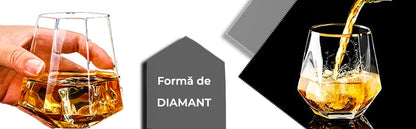 Set Decantor Whiskey în Formă de Diamant cu 2 Pahare și Suport din Lemn de Mahon, 750 ml, Elegant și Manual