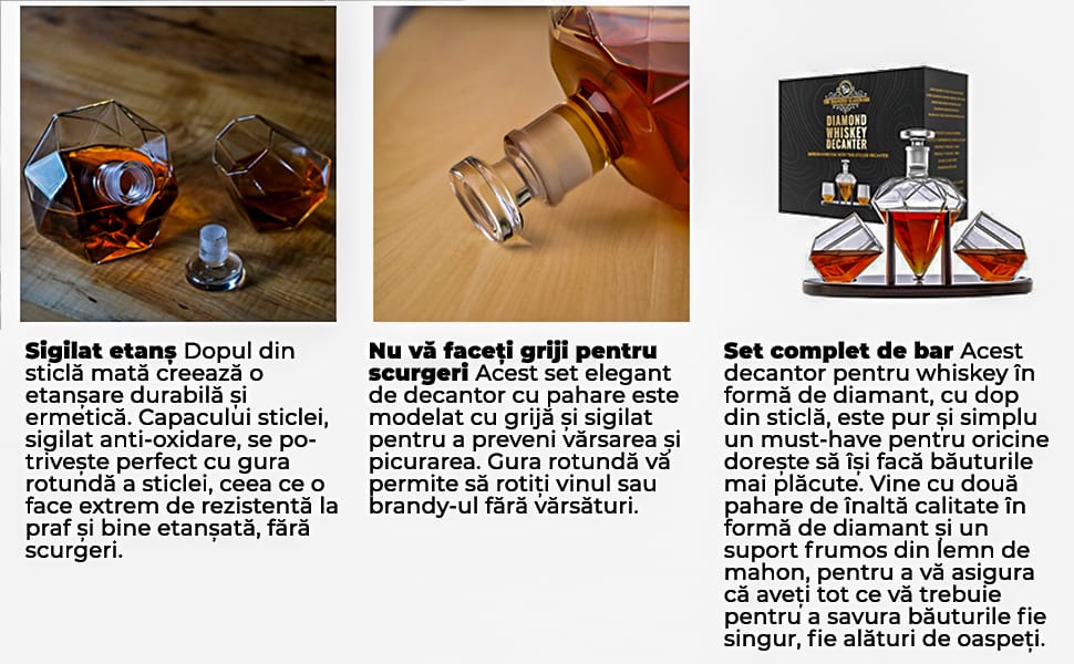 Set Decantor Whiskey în Formă de Diamant cu 2 Pahare și Suport din Lemn de Mahon, 750 ml, Elegant și Manual