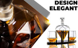 Set Decantor Whiskey în Formă de Diamant cu 2 Pahare și Suport din Lemn de Mahon, 750 ml, Elegant și Manual