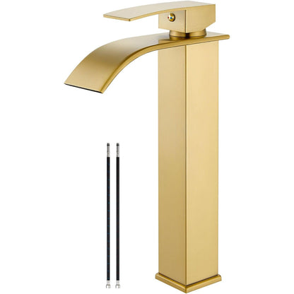 Baterie Chiuveta Moderna Tip Cascada pentru Baie, Bucatarie, Monocomanda, Placa de Montare, Oțel Inoxidabil, Model Inalt, Auriu Periat