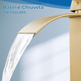 Baterie Chiuveta Moderna Tip Cascada pentru Baie, Bucatarie, Monocomanda, Placa de Montare, Oțel Inoxidabil, Model Inalt, Auriu Periat