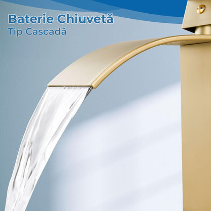 Baterie Chiuveta Moderna Tip Cascada pentru Baie, Bucatarie, Monocomanda, Placa de Montare, Oțel Inoxidabil, Model Inalt, Auriu Periat