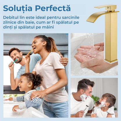 Baterie Chiuveta Moderna Tip Cascada pentru Baie, Bucatarie, Monocomanda, Placa de Montare, Oțel Inoxidabil, Model Inalt, Auriu Periat