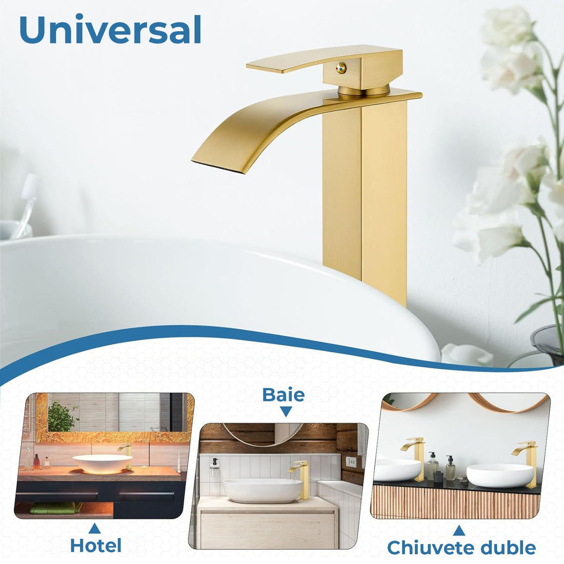 Baterie Chiuveta Moderna Tip Cascada pentru Baie, Bucatarie, Monocomanda, Placa de Montare, Oțel Inoxidabil, Model Inalt, Auriu Periat